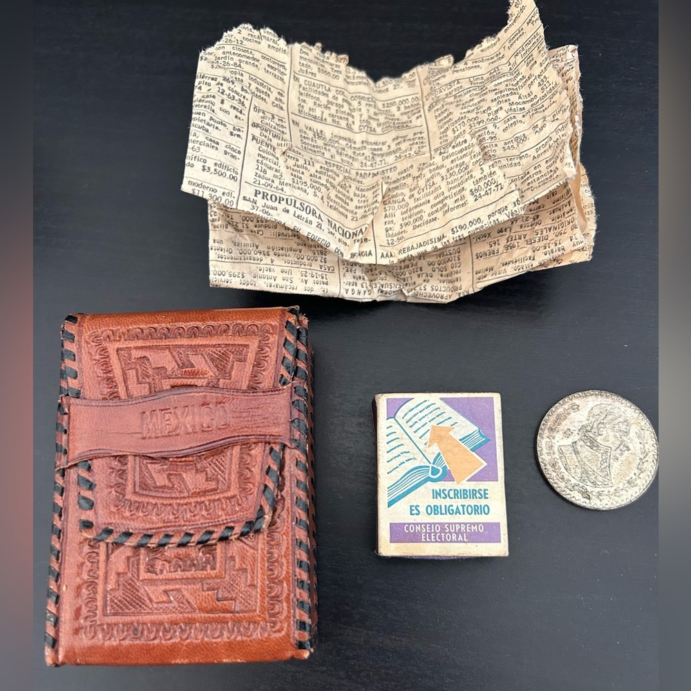 Vintage Leather Cigarette Case Matchbox and Peso 1958